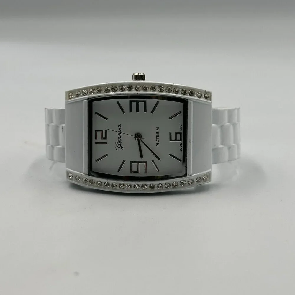 3/$30 Geneva Watch Women White Crystal Bezel Hinged Cuff Band New Battery